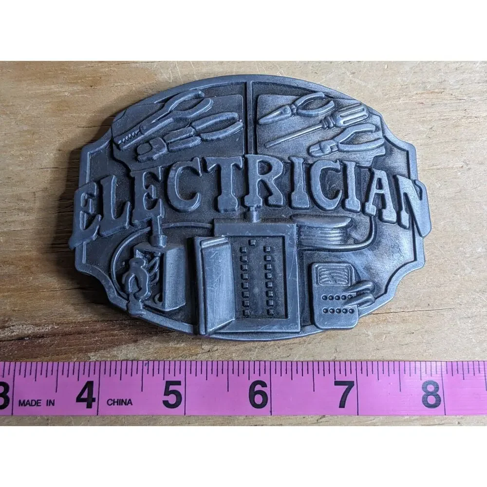Vintage Electrician Belt Buckle Pewter Tone Metal Electrical Lineman Tools Gift